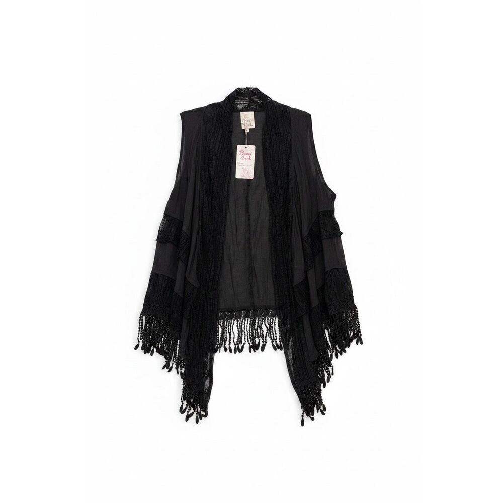 NWT Pretty Angel Fringe Tassel Vest Lace Size Medium Black Flowy Romantic